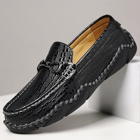Wholesale SampleMen’s Black Moc-Toe Driving Loafers – Textured Crocodile