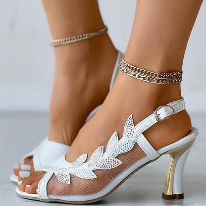 Sandals Elegant Heeled Mesh Women's Rhinestone White –