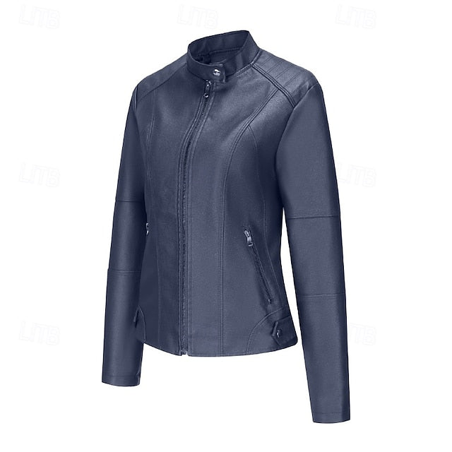 Zipper Jacket Pocket Faux Leather Women's Comfortable
