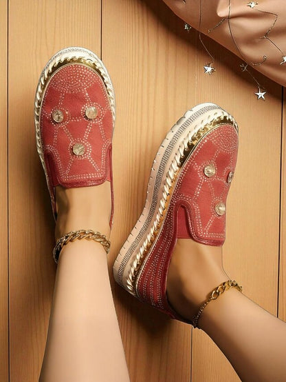 Rhinestone Studs Sneakers Women's Platform Slip-On Red with