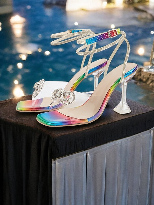 Clear Heel Crystal Bow Detail Rainbow Colorful Heels High with -