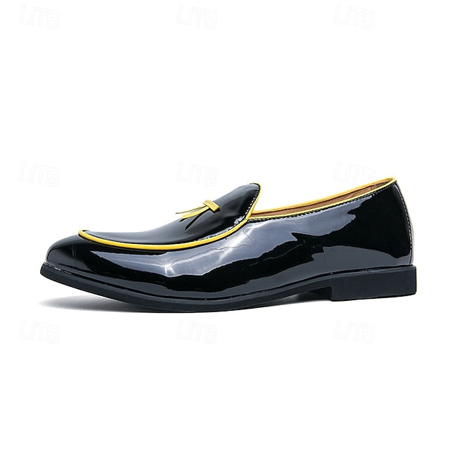 Men's Trim Yellow Faux Black Loafers Patent with Leather