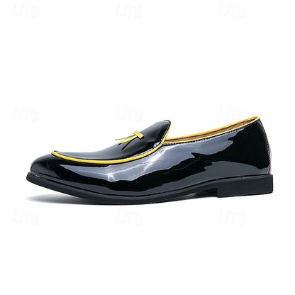Men's Trim Yellow Faux Black Loafers Patent with Leather