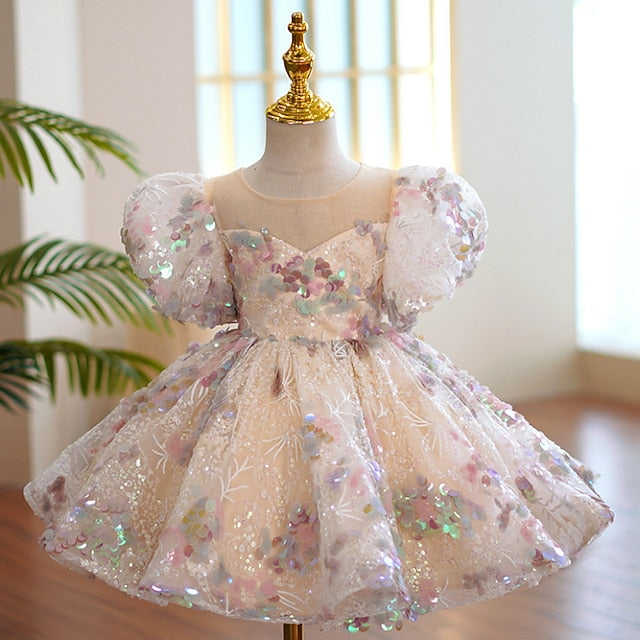Solid Sleeve Dress Kids Short Color Party Girls'