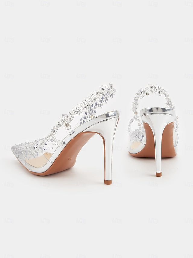 with Rhinestone Clear Slingback Pointed Heels Women's Toe