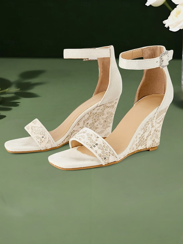 Women Wedge for Heel Sandals Ankle Stylish White Lace Strap –