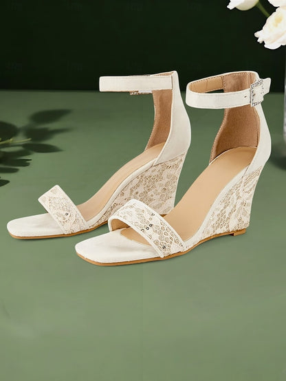 Women Wedge for Heel Sandals Ankle Stylish White Lace Strap –