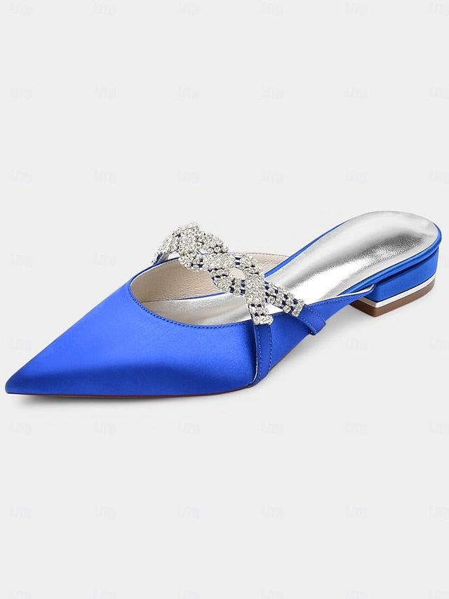 - Satin Blue Heels Mule Detailing with Rhinestone Pointed-Toe