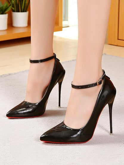 Heels Leather Patent Women's Ankle Stiletto with Black