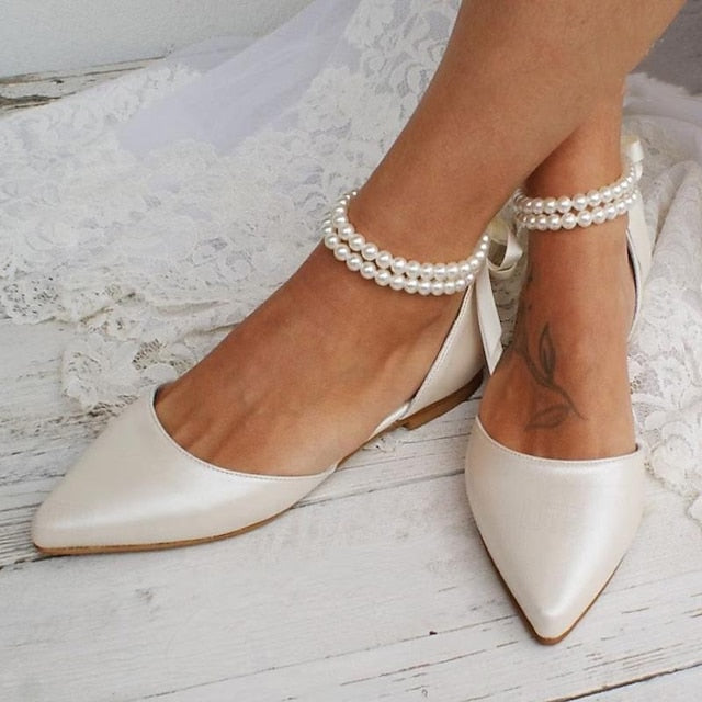 Pearl Ankle – Bridal Strap Flats Women's White Elegant