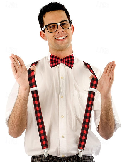 Christmas Men's Bow Plaid Tie Adjustable Set and Suspender