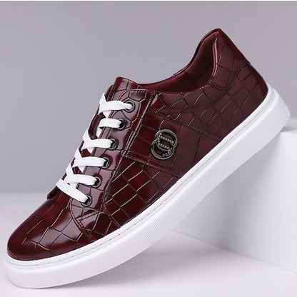 Men's Burgundy Crocodile Pattern Faux Leather Sneakers with