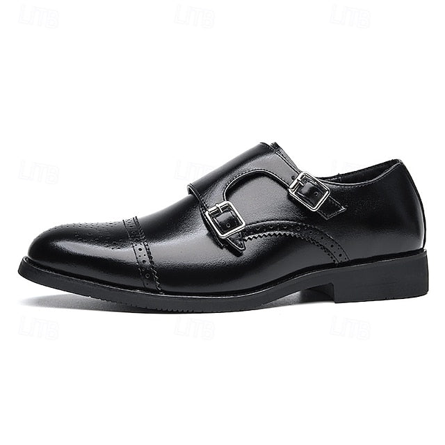 Double with Brown Monk Faux Men's Leather Strap Shoes