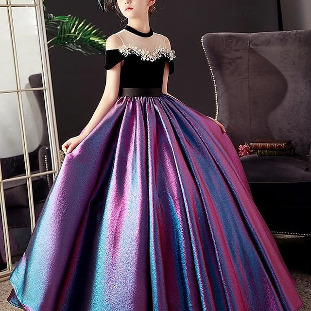 Kids Sleeve Dress Party Girls' Solid Short Color