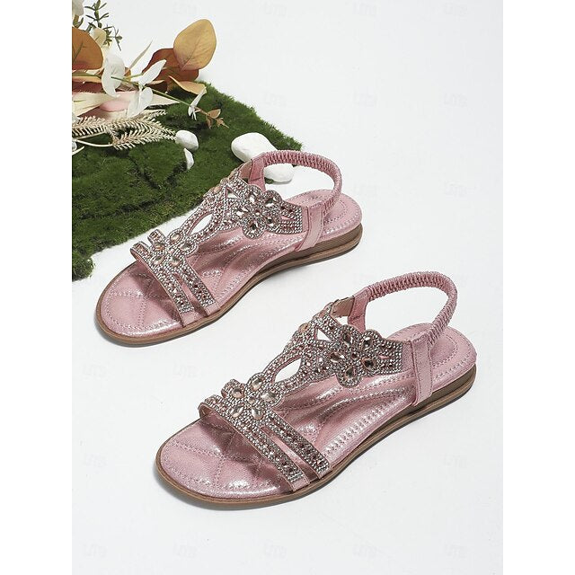 T-Strap Rhinestone Sandals Boho – Flat Women's Silver