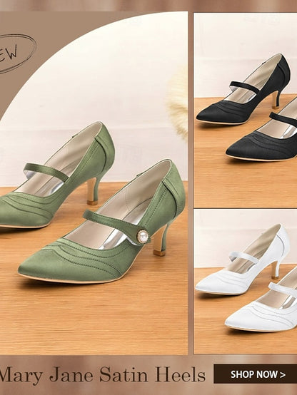 Green Button Satin Jane - with Heels Pearl Elegant Mary