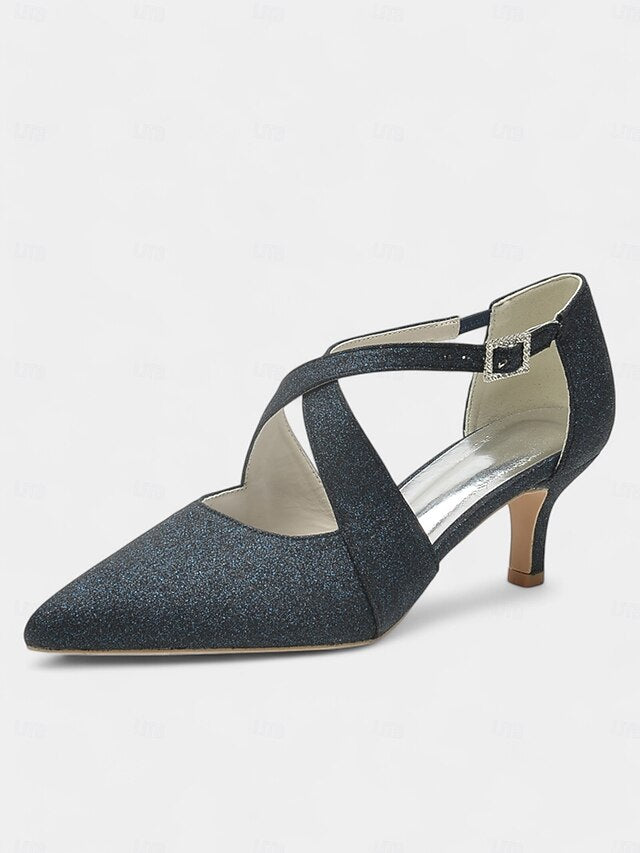 White Strap Buckle Cross Kitten Heels Rhinestone Glitter with