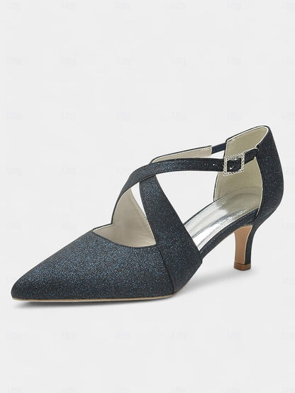 White Strap Buckle Cross Kitten Heels Rhinestone Glitter with