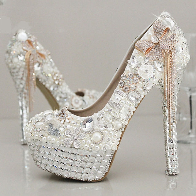 Embellished Platform and Rhinestone Pearl Women's White