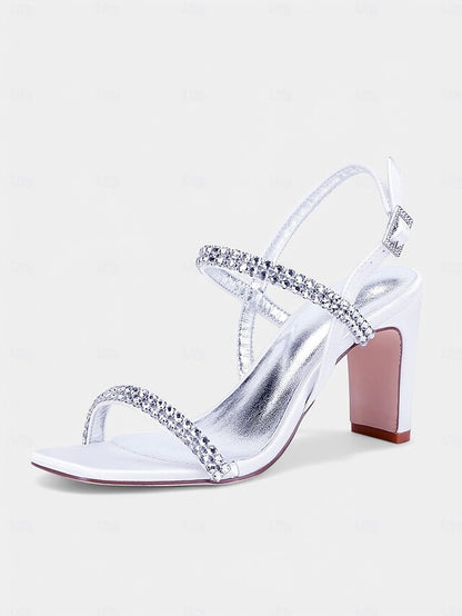 Bridal White Heel – Rhinestone Prom Block Sandals Women's