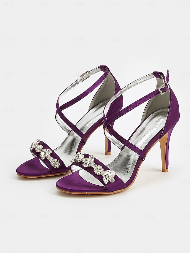 Heels Purple Satin Straps with Stiletto Rhinestone Women's