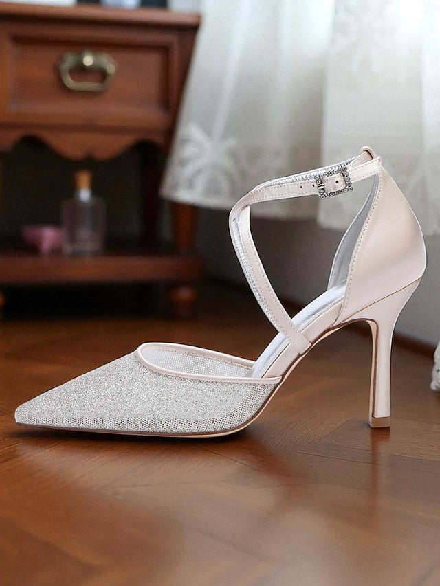Silver Glitter - Ankle Strap Women's Heels Stiletto Elegant