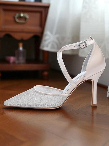 Silver Glitter - Ankle Strap Women's Heels Stiletto Elegant