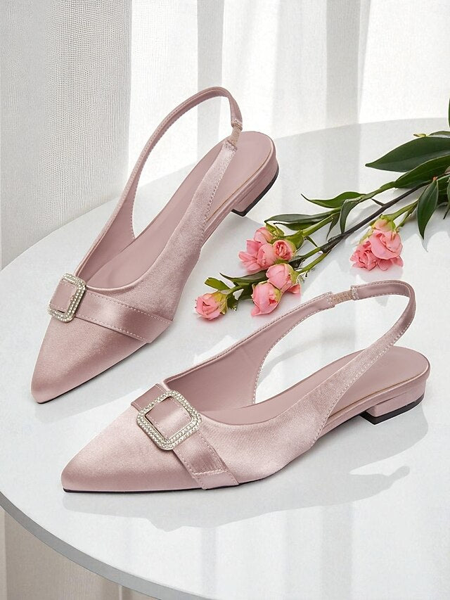 Satin Slingback with Women's Rhinestone Pink Flats Buckle