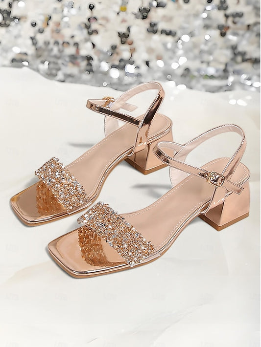 Sandals Wedding Heel Gold for Block Rhinestone Women – Elegant