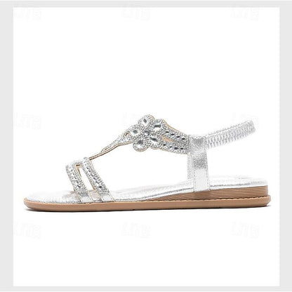 T-Strap Rhinestone Sandals Boho – Flat Women's Silver
