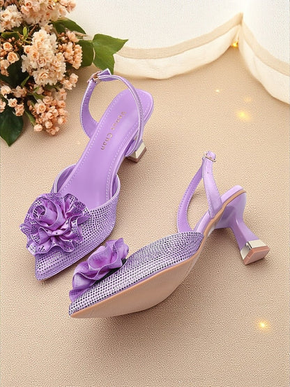 Purple with Slingback Rhinestone Floral Heels Women's