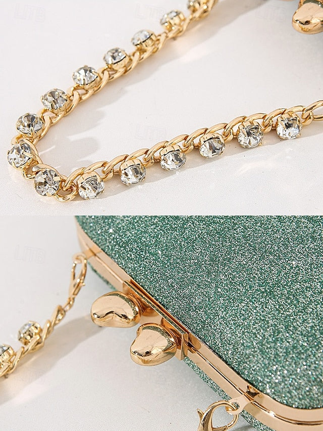Green Clutch Evening Glitter with Sage Rhinestone Women's