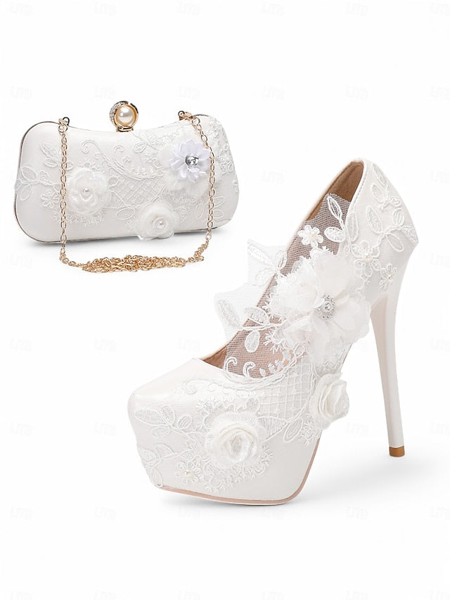 White Wedding Shoes Floral with Embellishments Lace