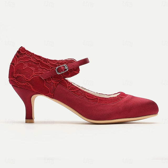 Mid-Heel Lace - Women's Elegant Satin Heels Comfortable Red