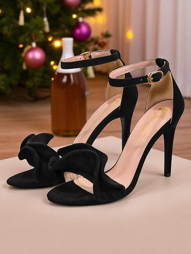 Elegant Velvet Heel Sandals High - Women's Red Strap Ankle