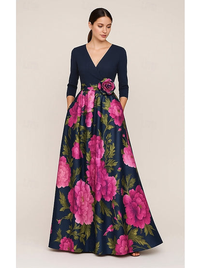 the Gown of Elegant Print Floral Mother Bride A-Line Evening