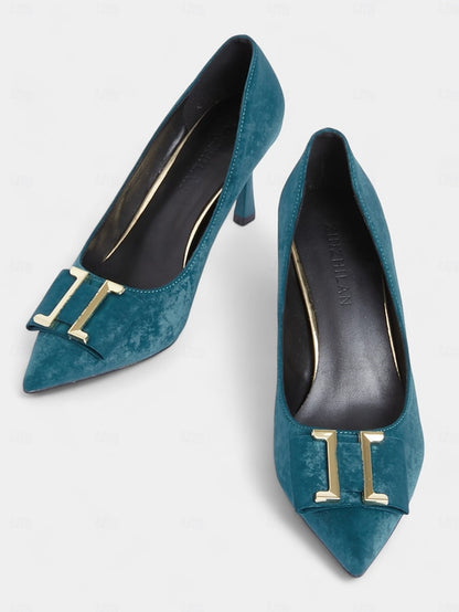 Kitten Velvet Toe Teal Pointed Pumps Heel - Women's Elegant