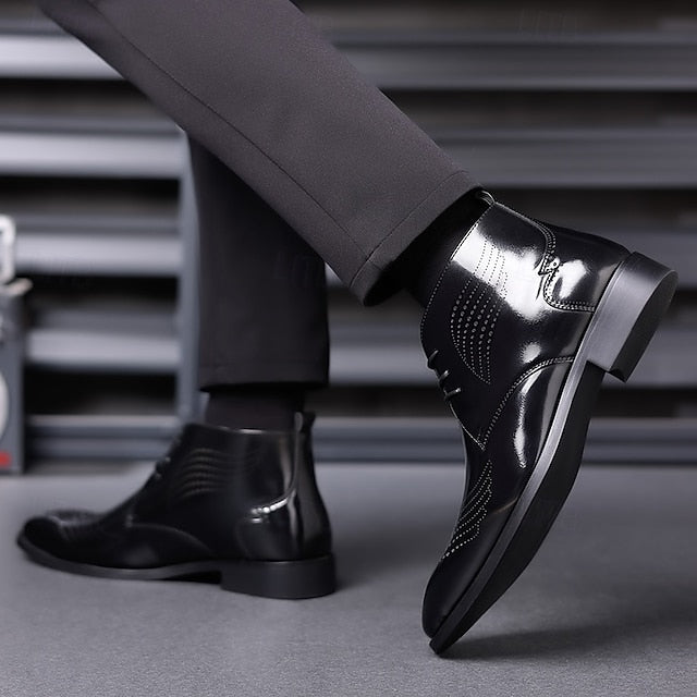 Ankle Leather Men's Brogue Glossy Wingtip Burgundy Faux