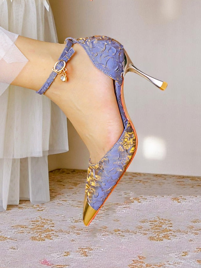 Toe Beige Women's and with Gold Pointed Heels Satin Accents