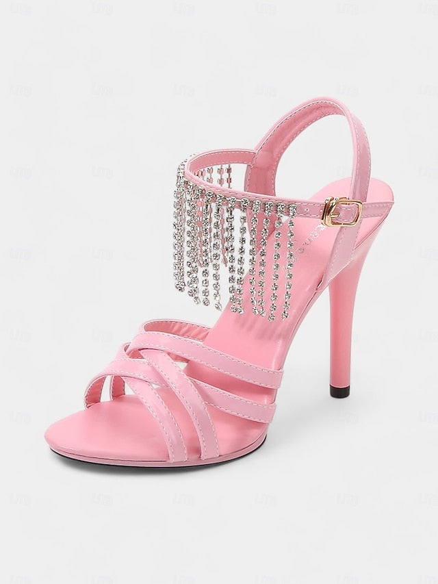 Rhinestone Women's Stiletto with Sandals Leather Red Patent