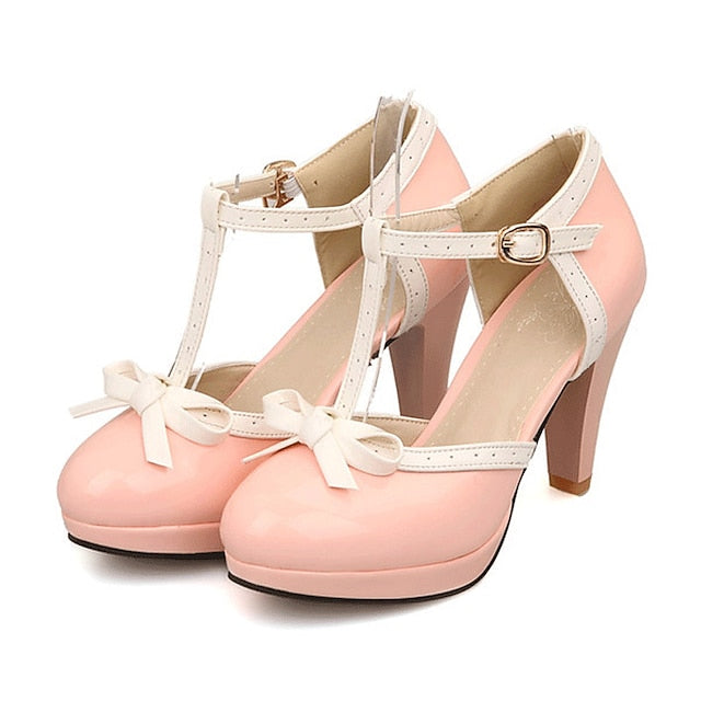 Black T-Strap Patent High Leather White with Women's Heels