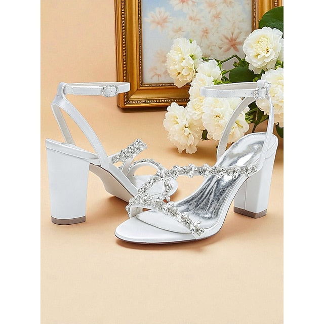 Block Rhinestone Heel - Straps with Sandals White Women's