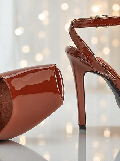 Peep High - Heels Leather Green Women's Toe Dark Patent