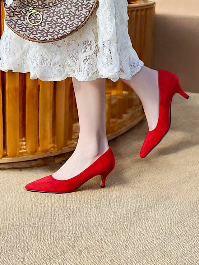 Women's Pumps Kitten Suede with Emerald Green Pointed-Toe