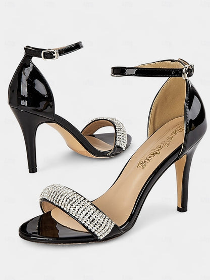 Rhinestone Sandals High Black Heel Leather Patent with