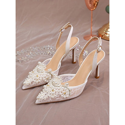 Kitten with White Pearl-Embellished Pointed-Toe Slingback Heel