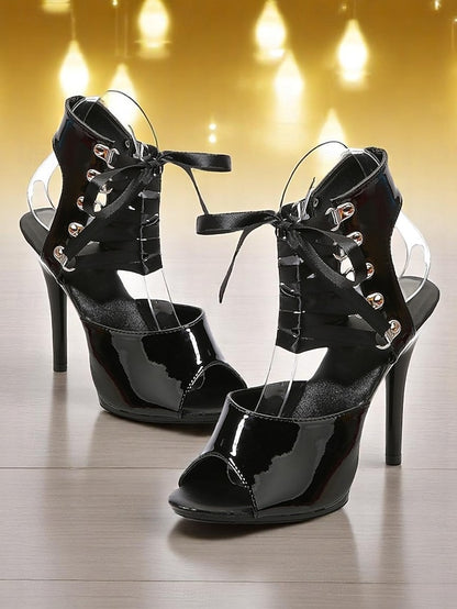 Sexy Stiletto Black - Patent Lace-Up Cutout Women's Sandals