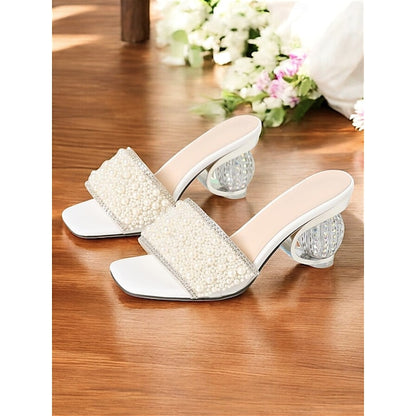 Bridal Wedding Mules for Open-Toe Pearl-Embellished – Women