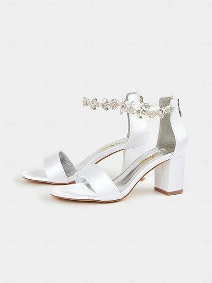 Sandals Satin Bridal Ankle Heel with Floral Block White Strap