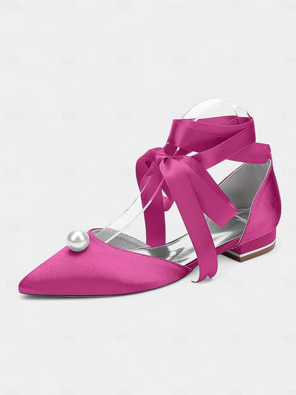 Embellished Satin Pointed Women's Navy - Pearl Flats Toe